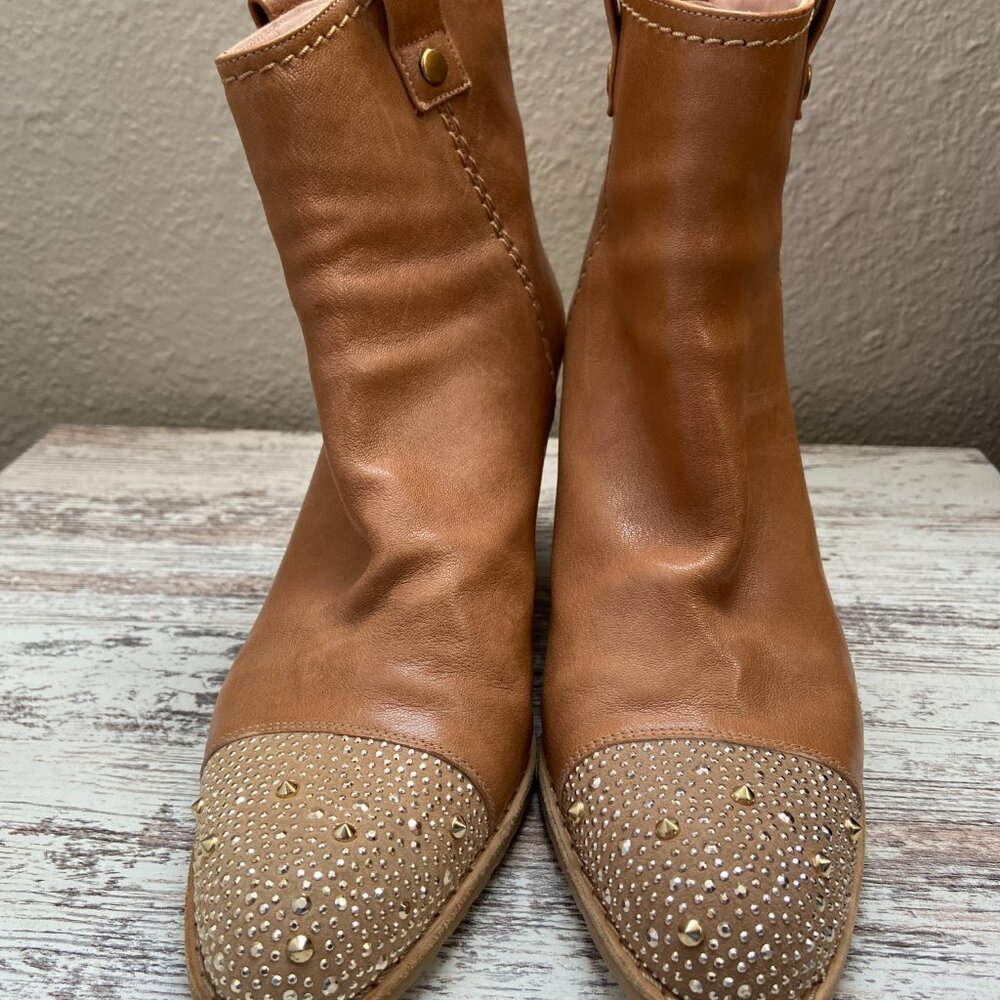 Stuart Weitzman Tan Block Heel Ankle Boot Studded… - image 3
